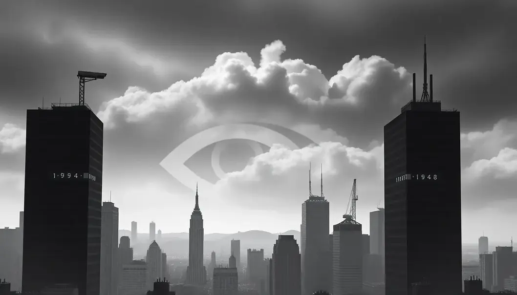 Orwellian cityscape evoking themes of surveillance and control.