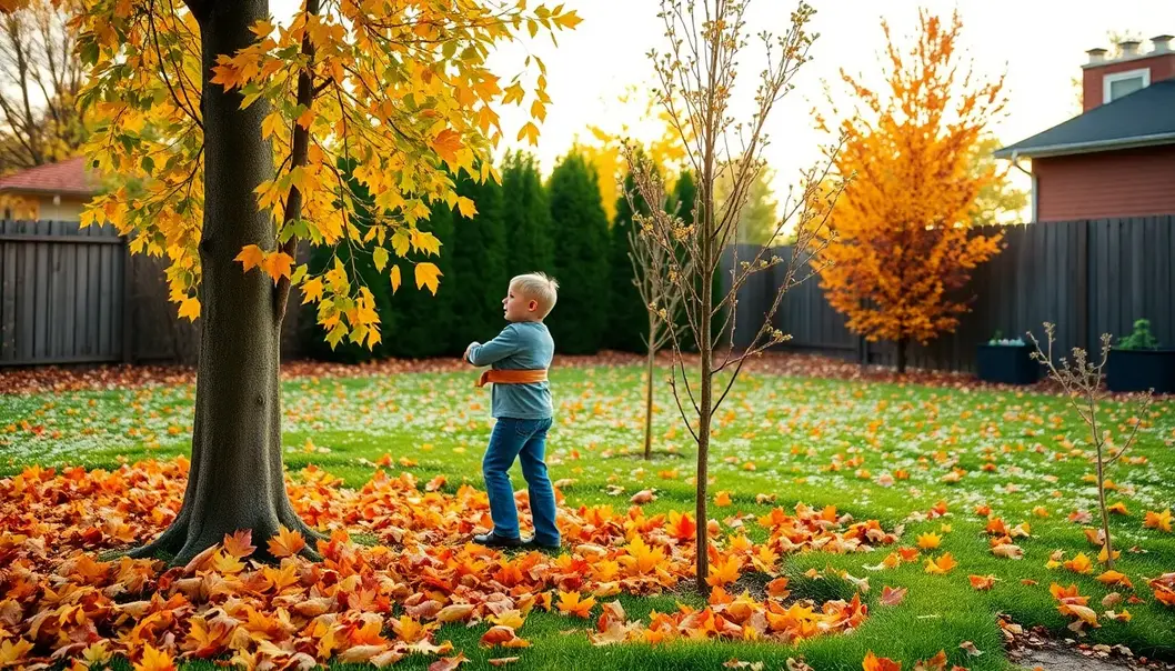 A parent and child renewing backyard trees during spring.