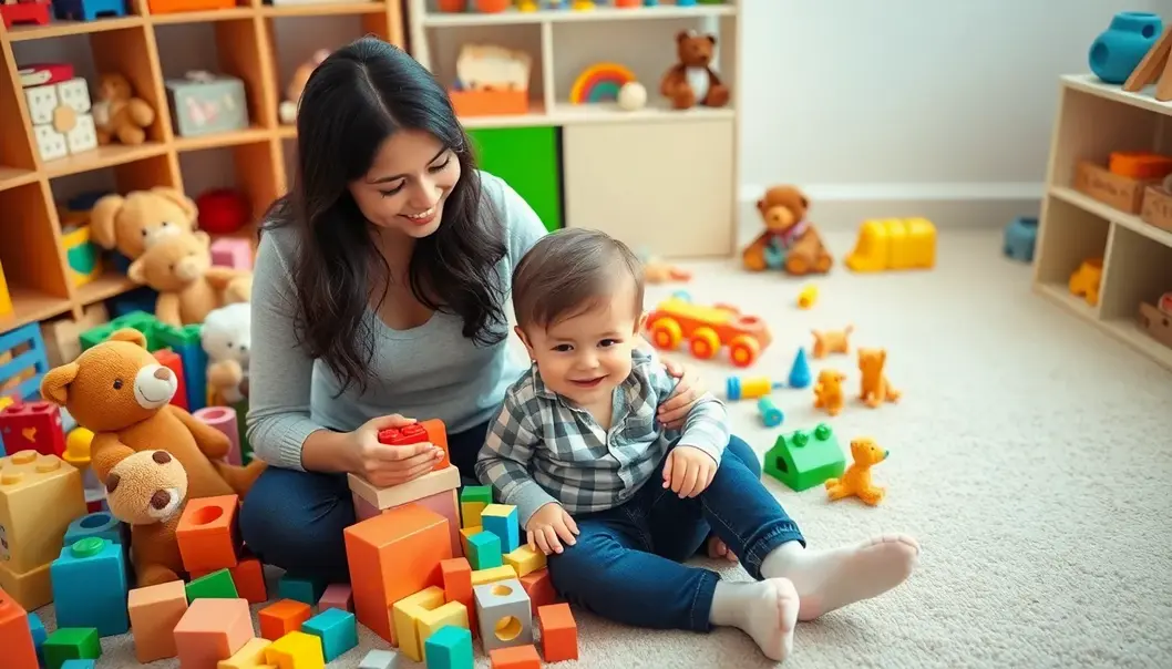 A mother and child engaging with a selection of age-appropriate toys.