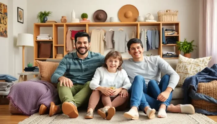 Photograph of a smiling family in a living room amidst different fabric items reflecting everyday use.