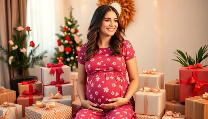 A petite pregnant woman wearing a stylish maternity dress amid baby shower gifts in a celebratory setting.