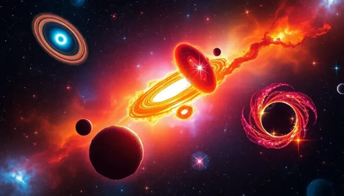 A collage of space phenomena including pulsars, black holes, and nebulae in vibrant colors symbolizing cosmic excitement.