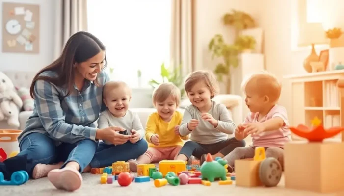 Family playing safely with toys in a warm, inviting setting.