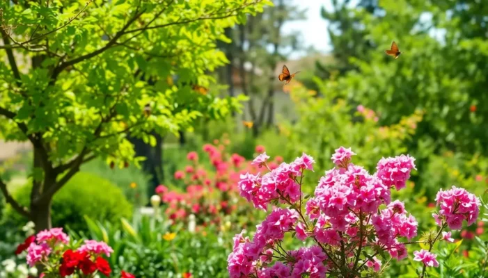 A vibrant backyard with healthy trees and wildlife.