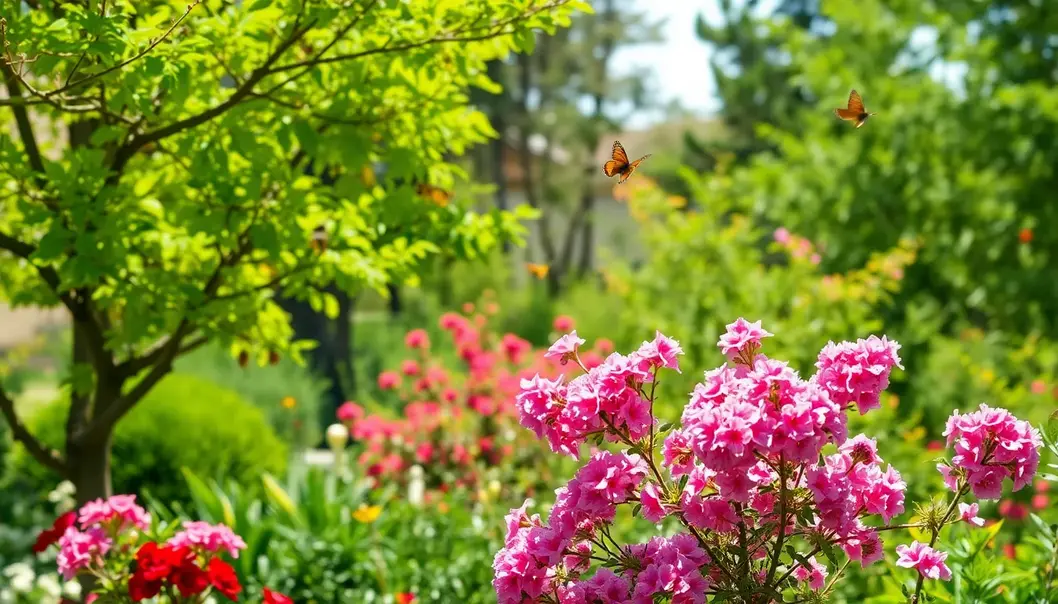 A vibrant backyard with healthy trees and wildlife.