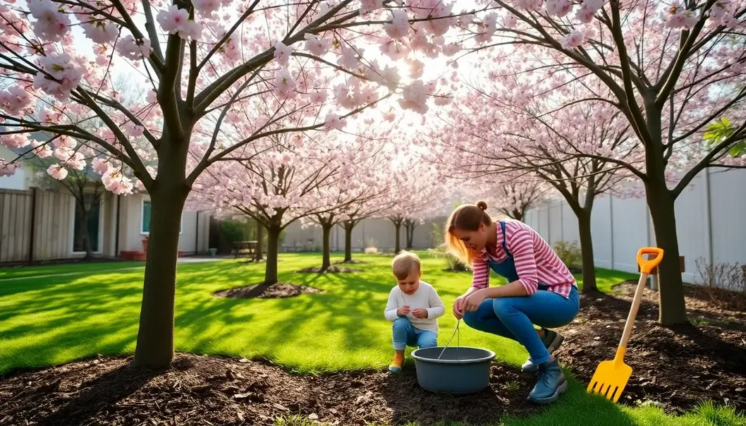 A parent and child renewing backyard trees during spring.