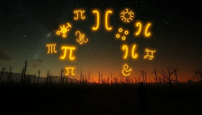 Zodiac symbols glowing in the sky over a post-apocalyptic landscape.