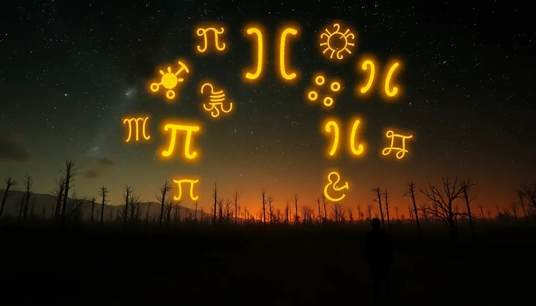 Zodiac symbols glowing in the sky over a post-apocalyptic landscape.